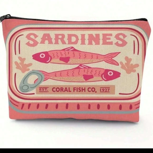 New Pink and Cream Sardines Make Up Carryall Canvas Zip Top Pouch OS - Picture 10 of 15
